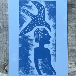 ugnė rudinskaitė grafika paukštis žmogus mėlyna