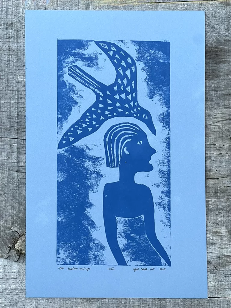 ugnė rudinskaitė grafika paukštis žmogus mėlyna